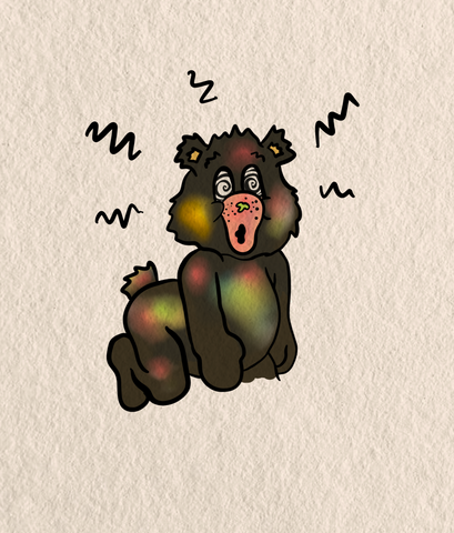 Cartoon bear with colorful spots on a beige background